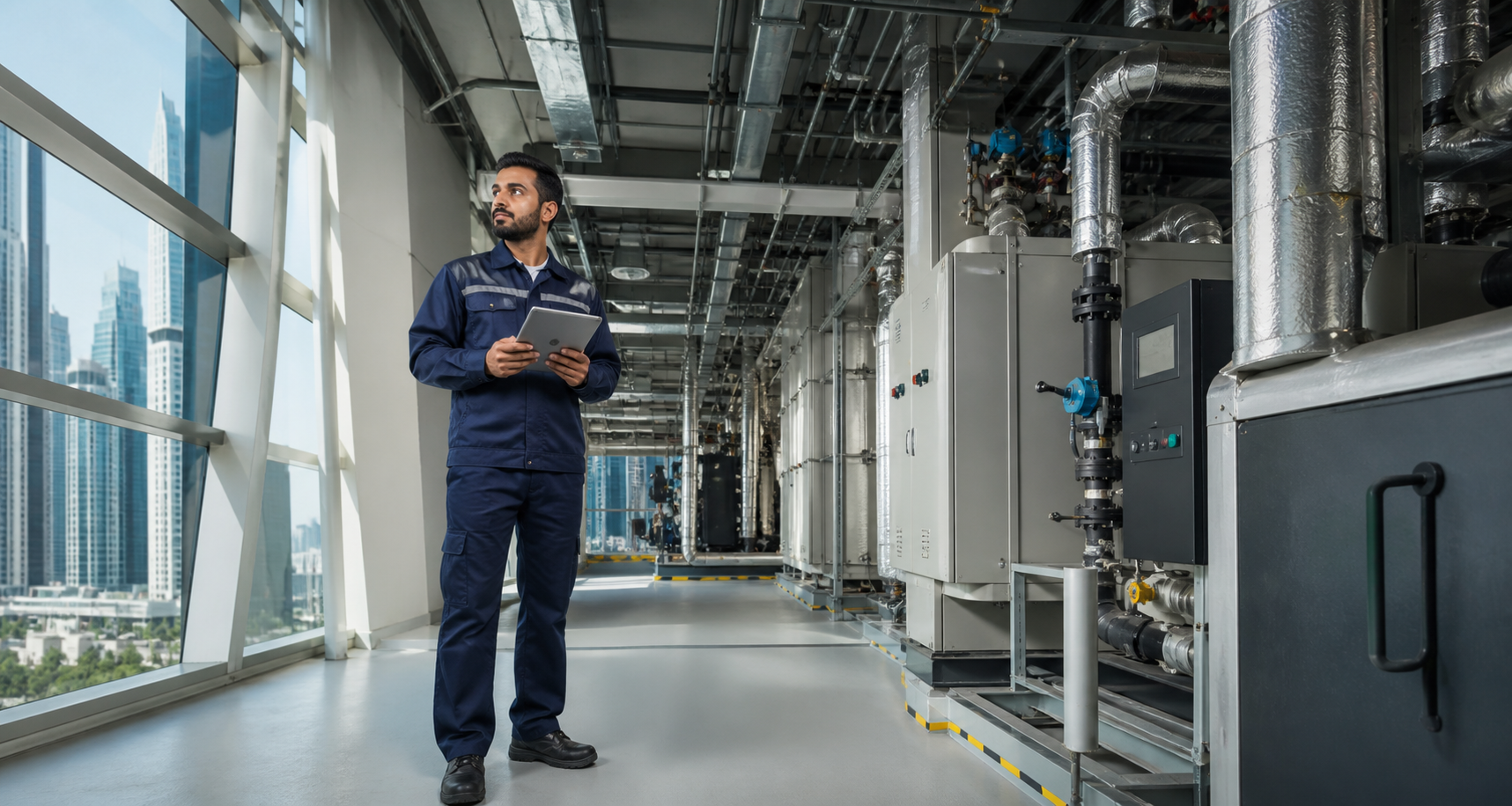 Facilities maintenance technician inspecting modern building systems