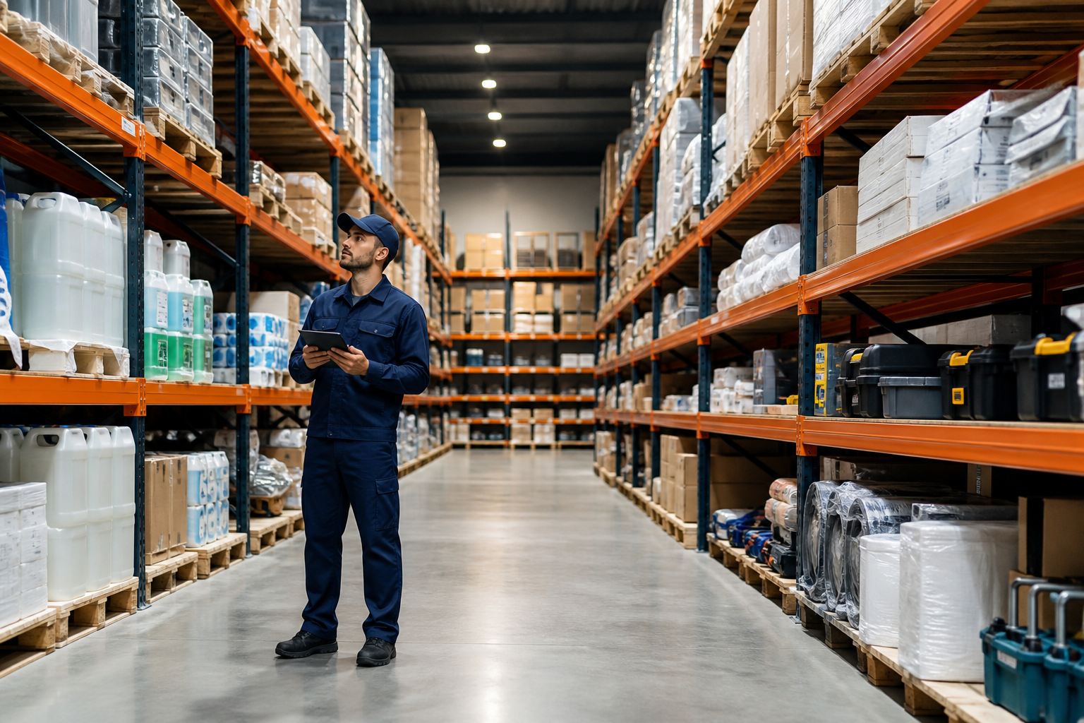 Organized warehouse supply aisle with materials and equipment