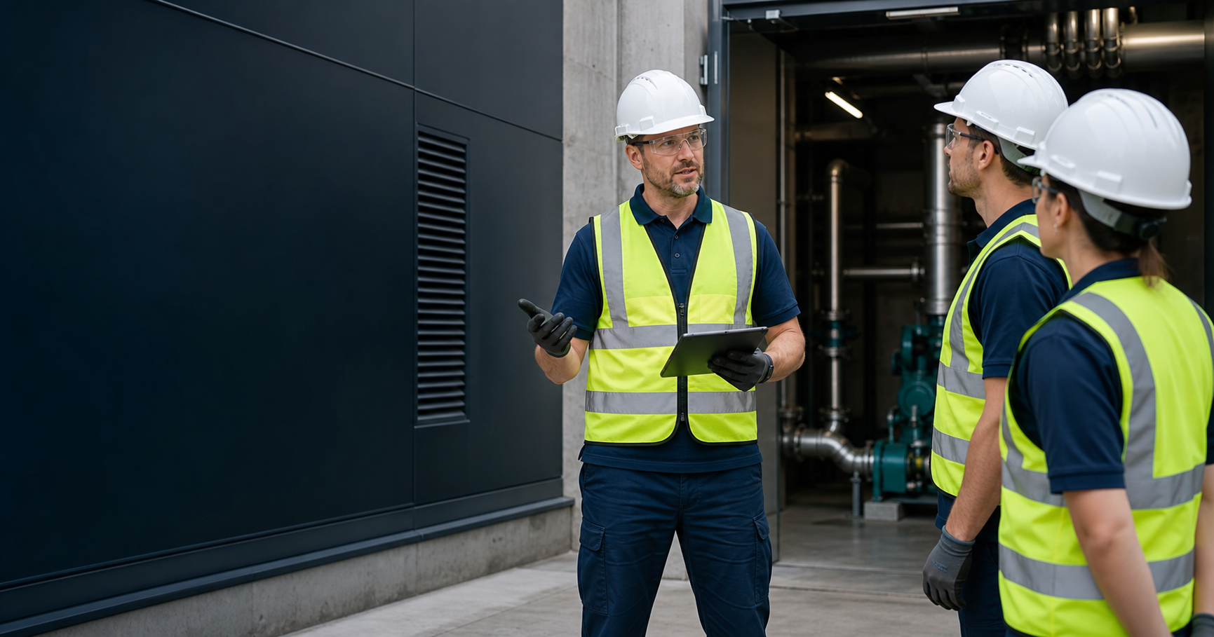 Facilities supervisor leading a safety briefing at a plant room entrance