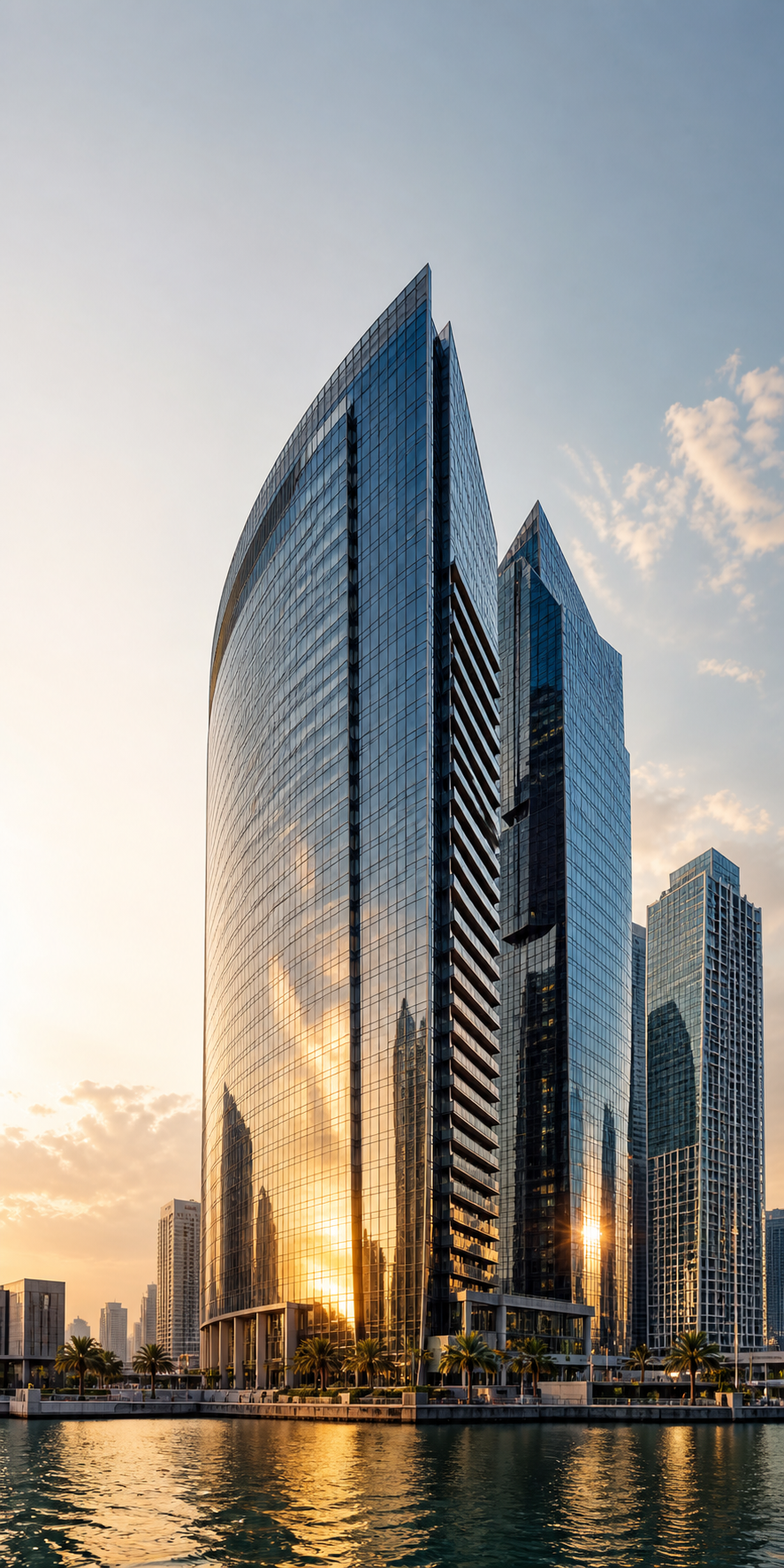 Modern glass commercial towers with open sky